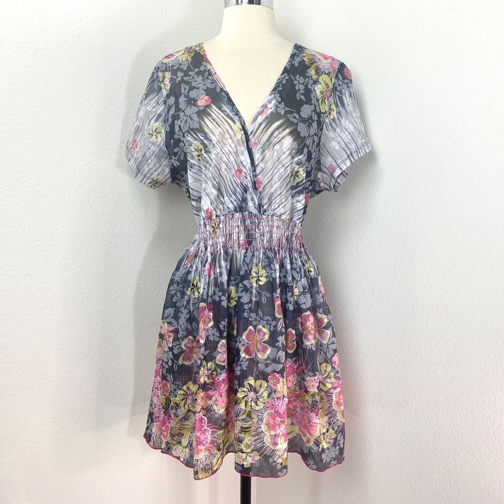 Gemini Semi-Sheer Dress Lg Gray Pink Floral Border Peasant Milkmaid Boho Fairy